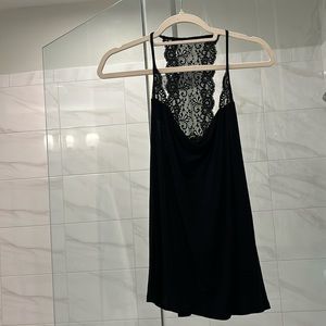 Express racer back top with lace back cowl neck